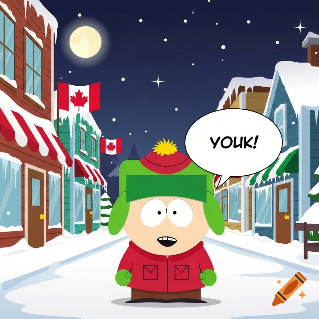 A cartoon character resembling Kyle from South Park in a snowy street with Canadian flags, saying "YOUK!"