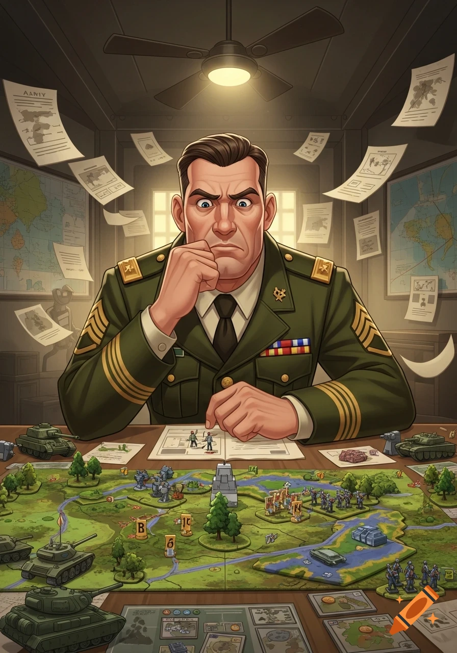 A stressed cartoon army general leans over a detailed war game board with miniature tanks and soldiers, papers flying around him.