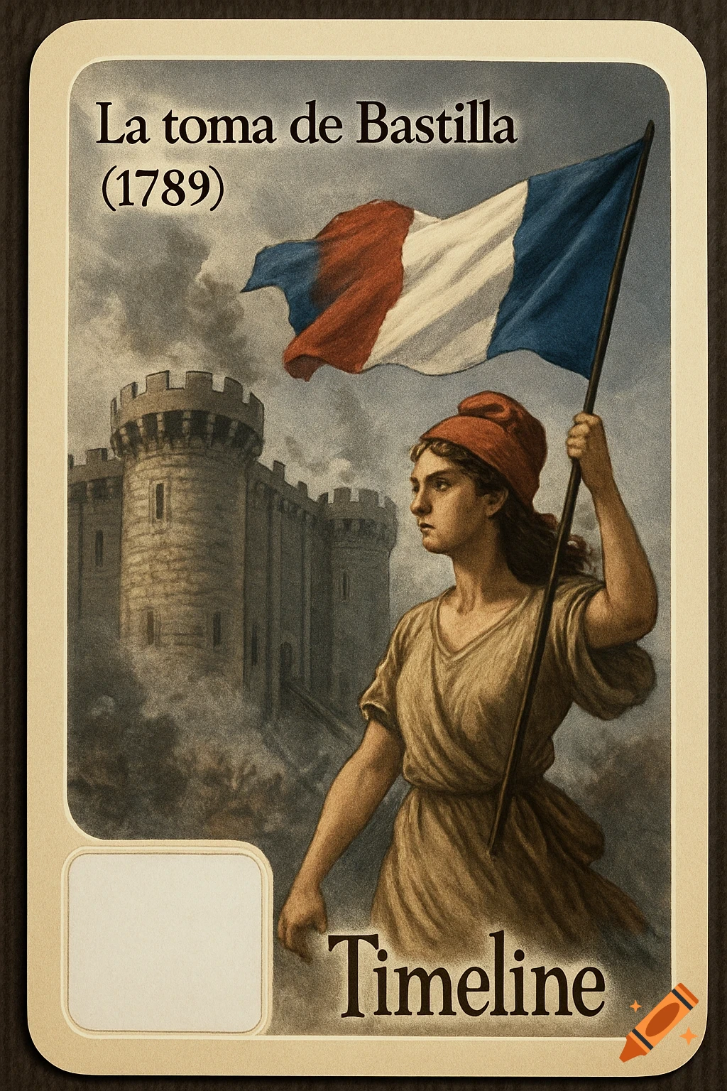 An illustration in the style of a vintage game card, showing a woman holding a French flag with the Bastille fortress in the background. The title reads 'La toma de Bastilla (1789)'.