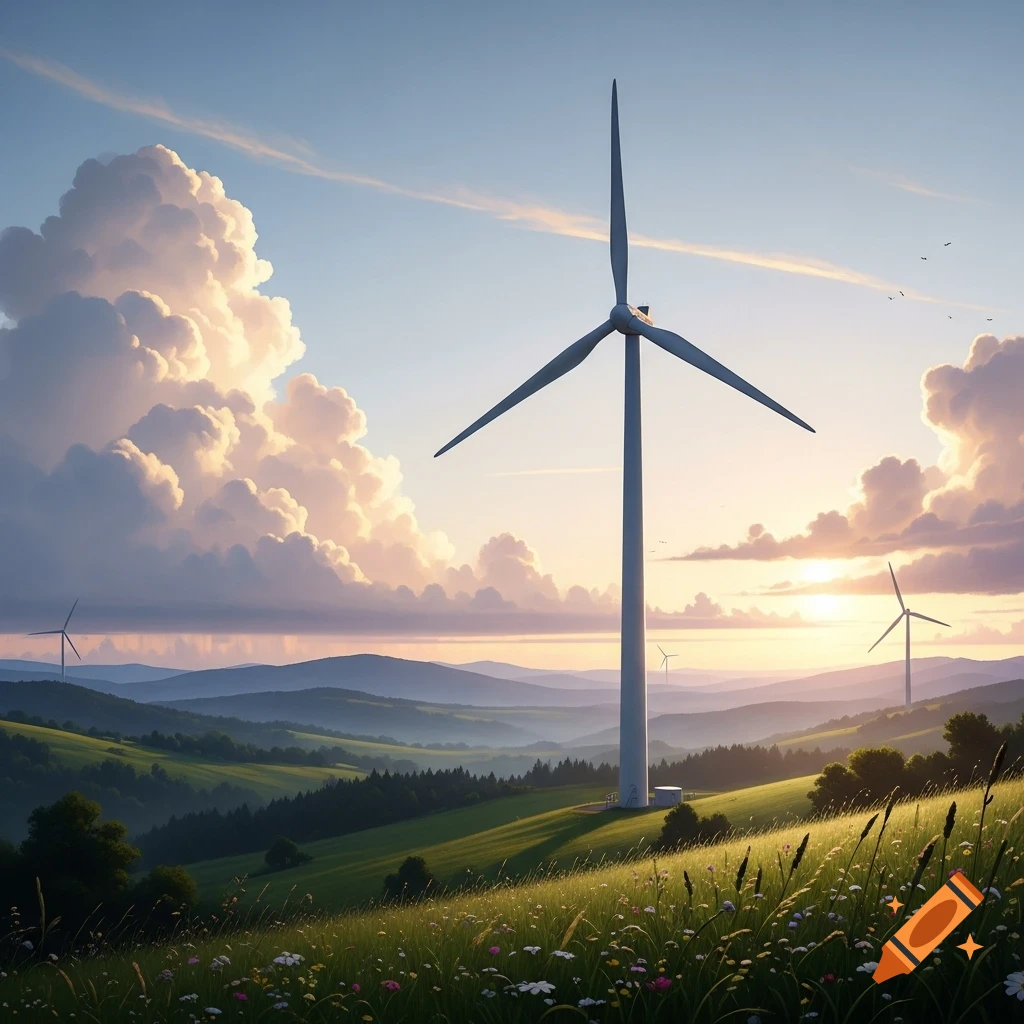 A large wind turbine stands prominently in a vibrant green, rolling hillside field under a dramatic sky with cumulonimbus clouds and a setting sun. Smaller wind turbines are visible in the misty distance amongst undulating hills and forests.