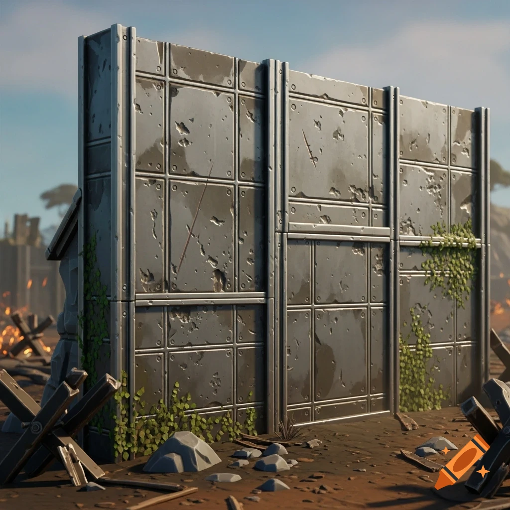 A weathered, modular grey metal wall with rivets and dents, covered in green vines, stands amidst rocks and debris in a barren, stylized outdoor environment.