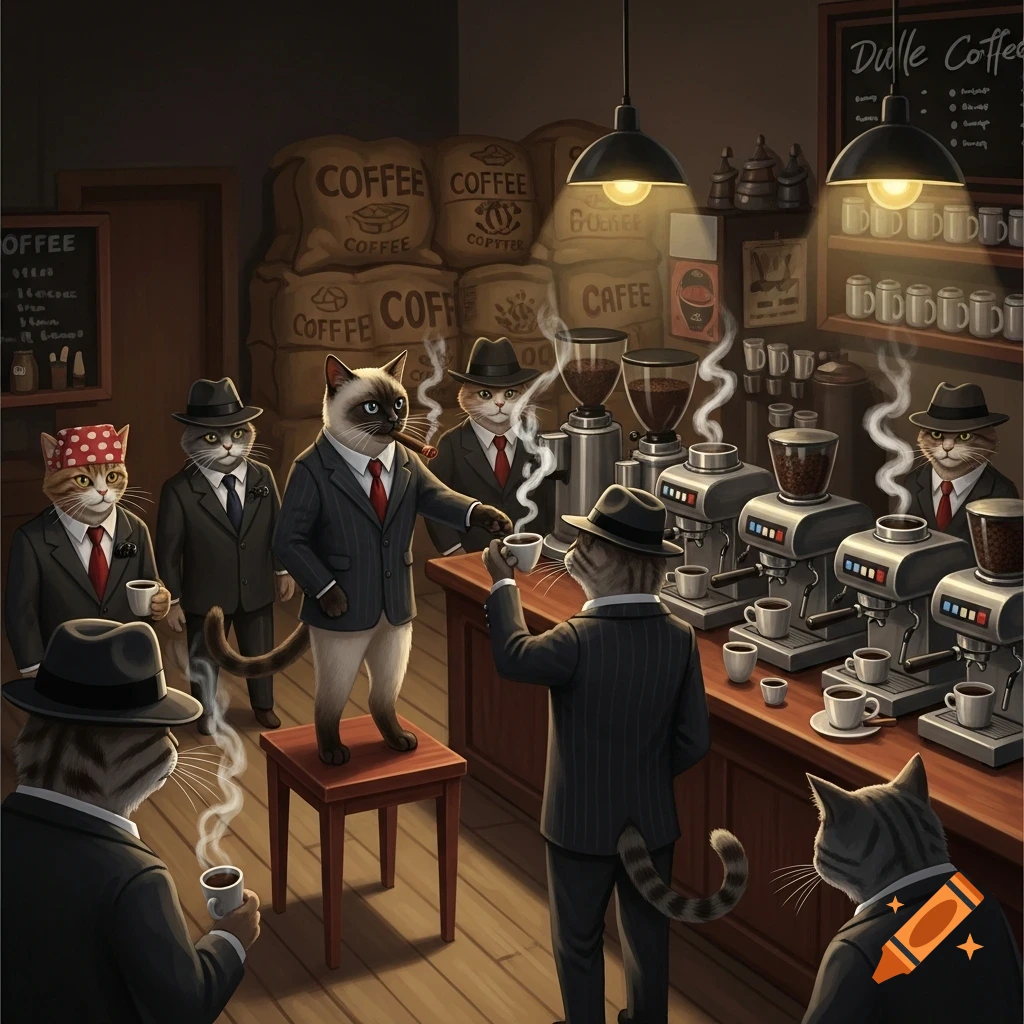 Anthropomorphic cats in suits in a dimly lit coffee shop. A cat on a stool serves coffee to another cat across the counter, while others operate espresso machines. Coffee bags are stacked in the background.