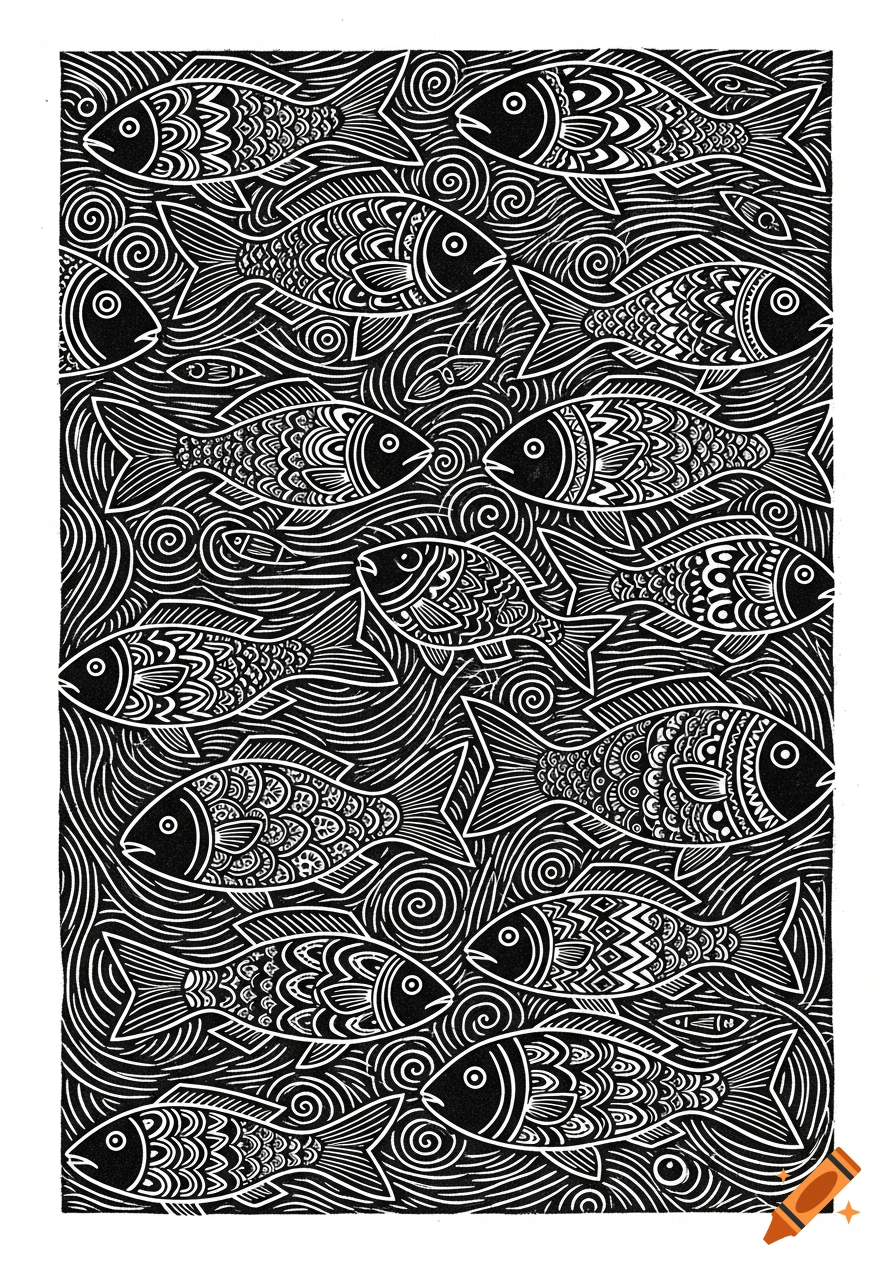 Black and white linoleum block print depicting a school of stylized fish with folk patterns swimming among waves.