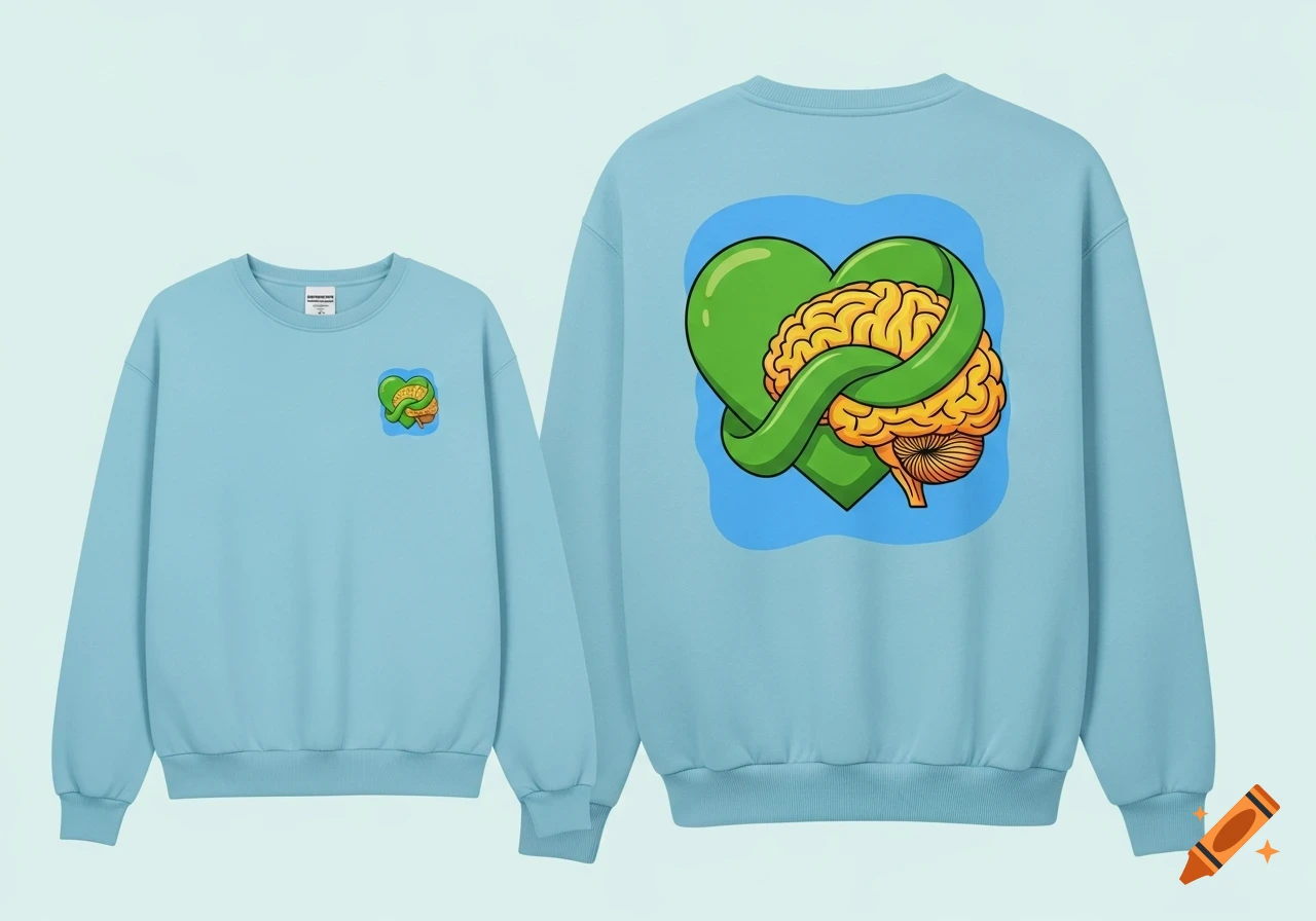 Two light blue sweatshirts, front and back views, featuring a cartoon green heart embracing a yellow brain on the chest and back.