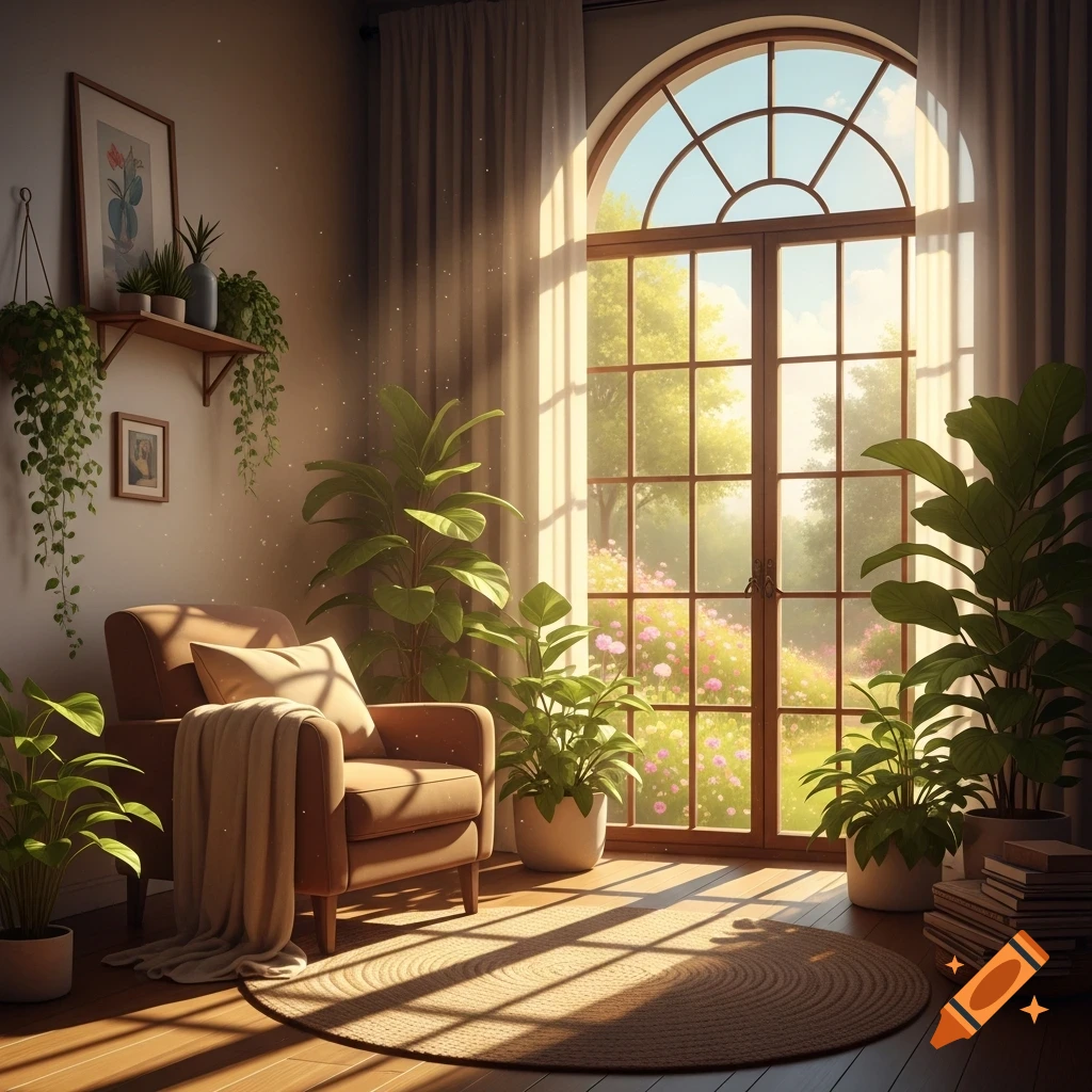 A cozy room with an armchair, numerous plants, and a large arched window overlooking a sunny, blooming garden.