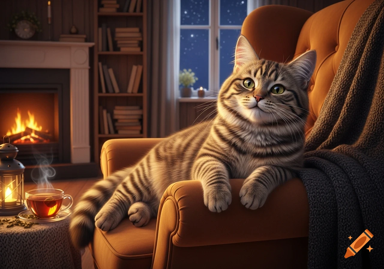 A fluffy tabby cat lounges comfortably on a brown armchair in a cozy room with a fireplace, bookshelf, and a starry night visible through the window.