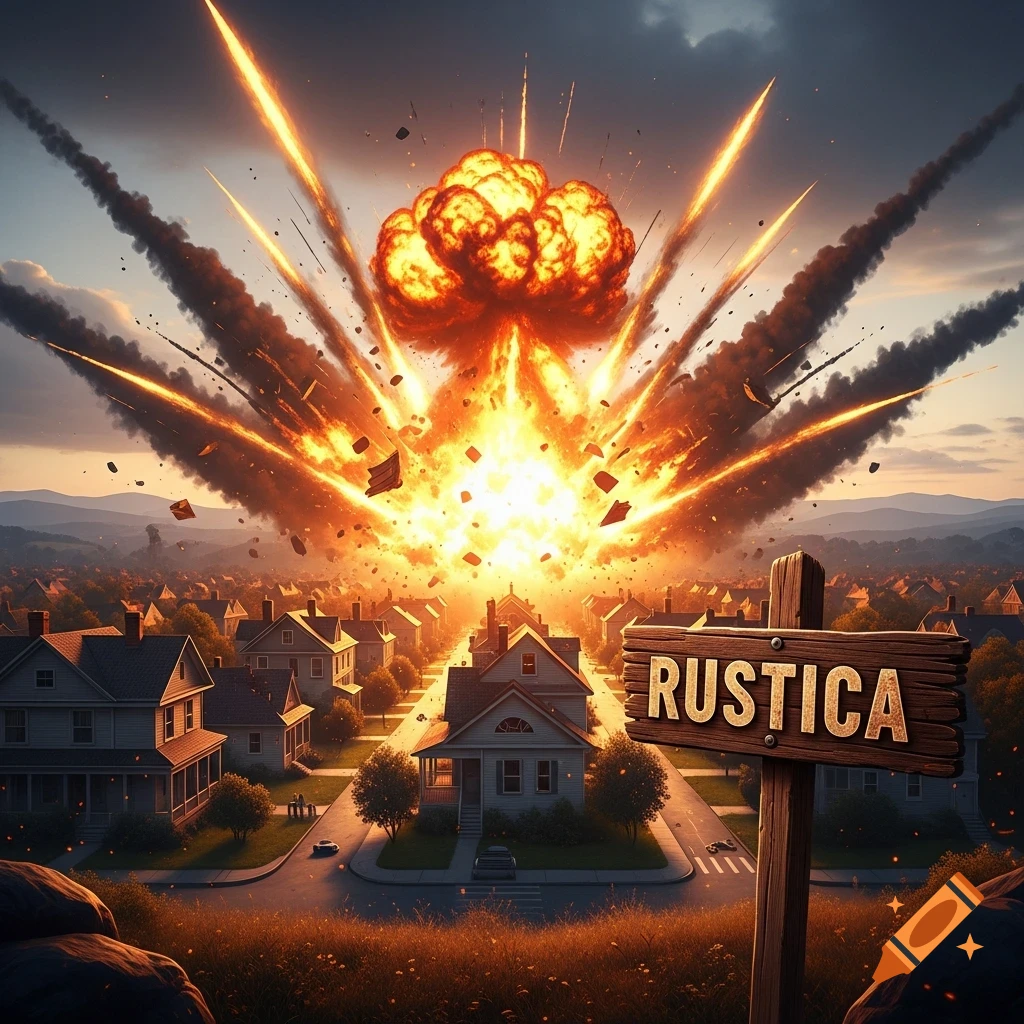 A massive explosion erupts over a residential town, with a wooden sign in the foreground reading "RUSTICA".
