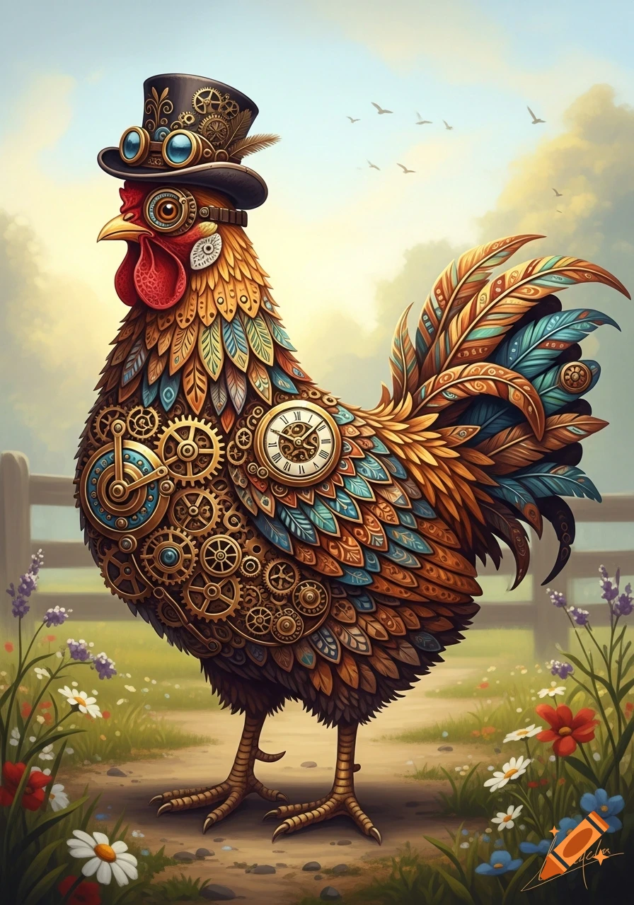 A colorful steampunk chicken wearing a top hat and goggles, covered in gears and clock faces, stands in a flowery field.