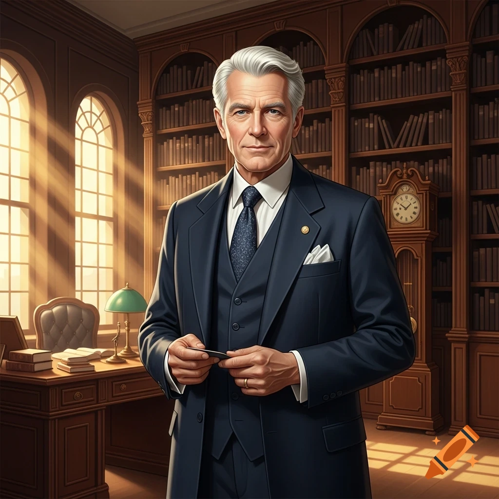 A distinguished man in a dark suit stands in a formal library with sunlit windows and bookshelves.