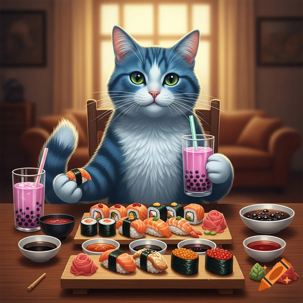 A blue-and-white anthropomorphic cat holds sushi and bubble tea at a table laden with various sushi rolls and dipping sauces.