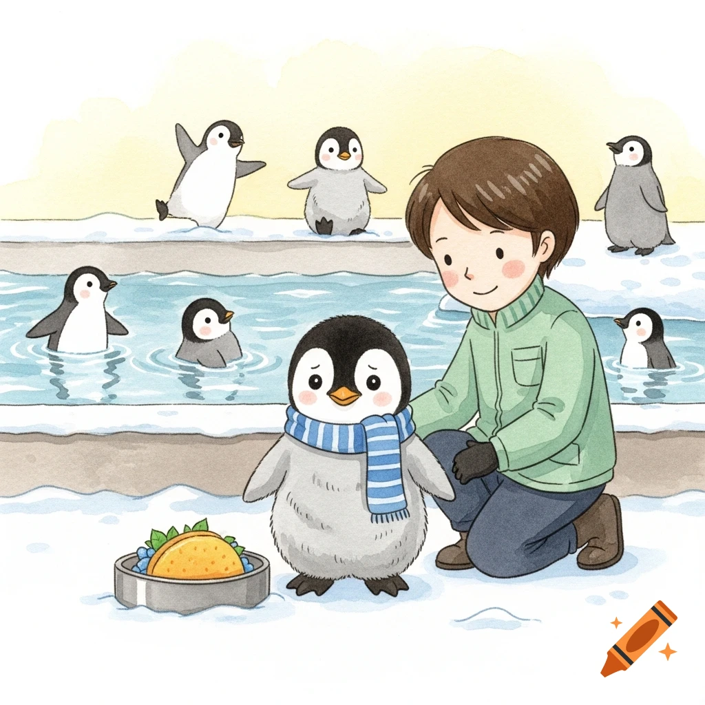 A friendly zookeeper kneels beside a baby penguin wearing a scarf, with a taco in a bowl. Other penguins swim in a snowy pool in a soft watercolor illustration.