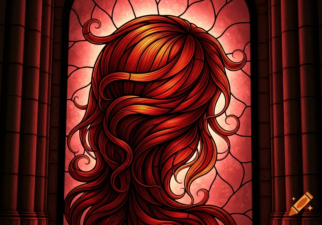 Stylized flowing red hair in a stained glass art style, framed by architectural columns.