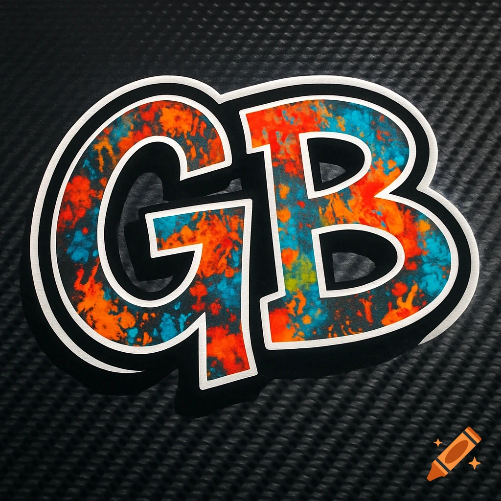 Stylized graffiti letters 'GB' with colorful splatter texture, white outline, on a dark carbon fiber background.