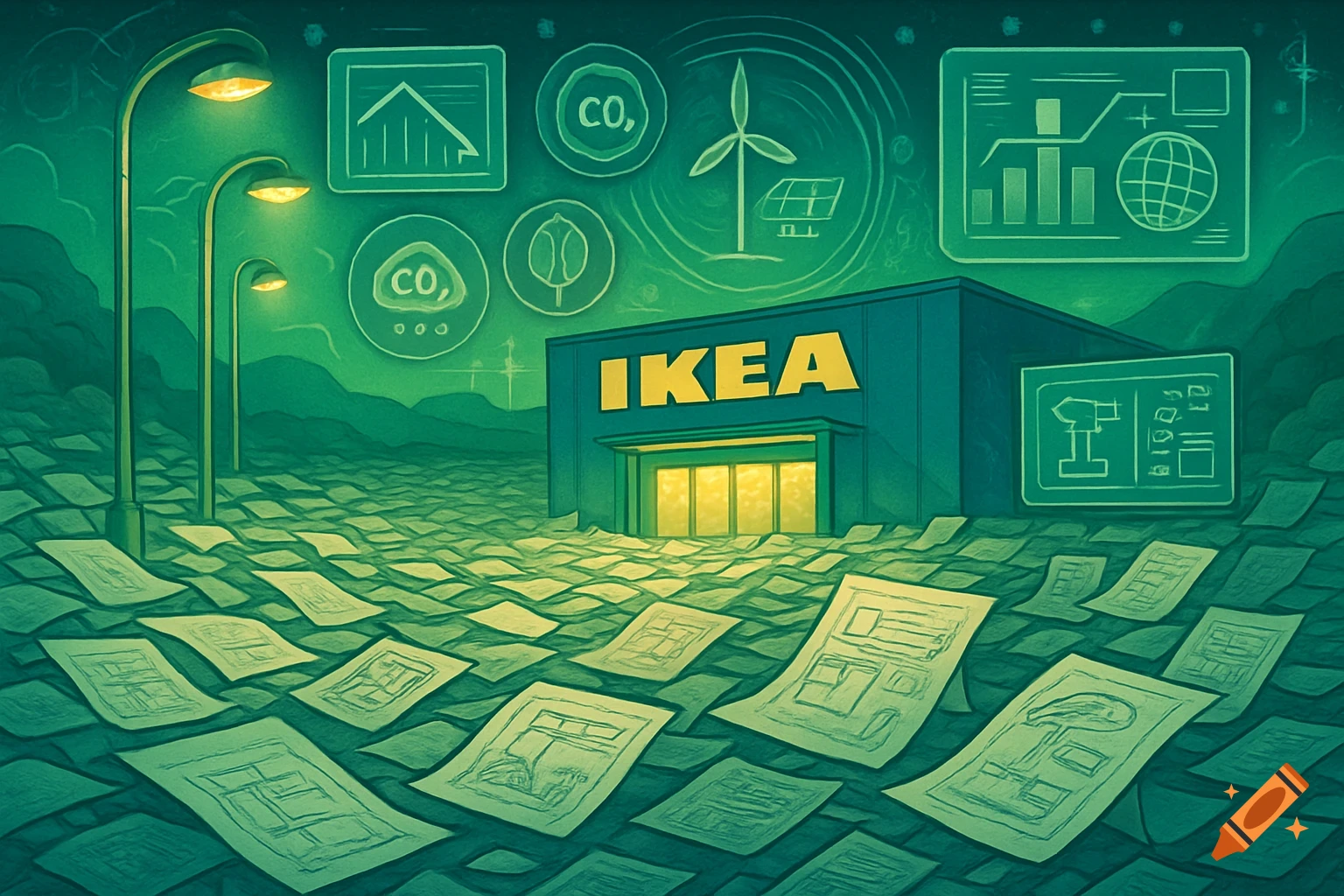 A stylized illustration of an IKEA store surrounded by scattered papers and green environmental icons, under glowing streetlights.