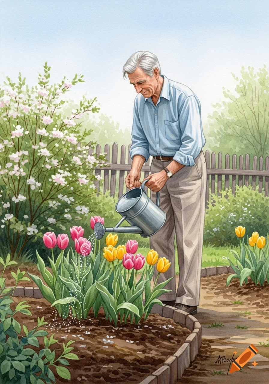 Elderly man with grey hair watering pink and yellow tulips in a sunny watercolor garden scene.