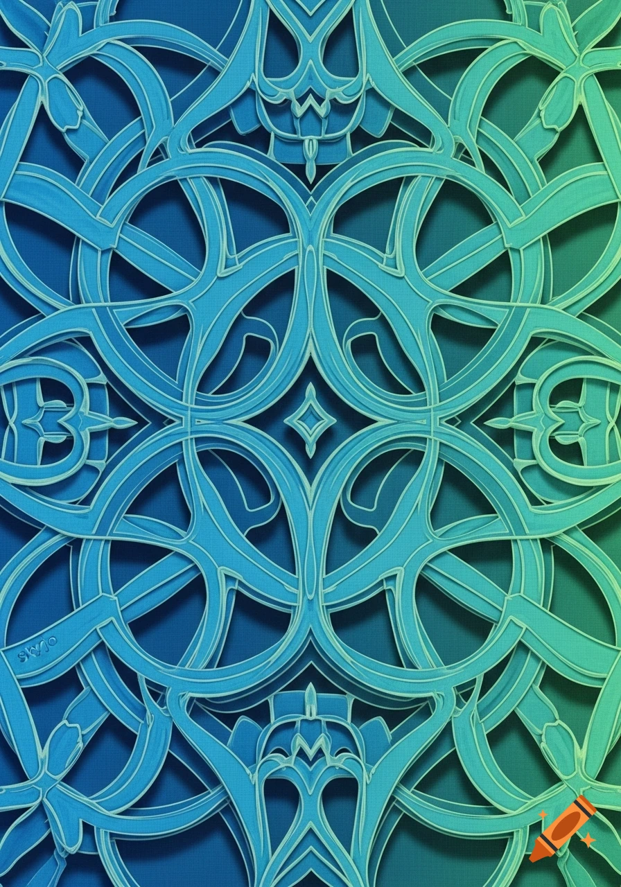An intricate, symmetrical abstract pattern of blue and green interlocking curved lines and shapes.