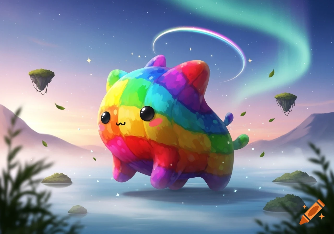A cute, plump, rainbow-colored cat-like creature with big black eyes floats over calm water under a starry sky with a green aurora and a rainbow.