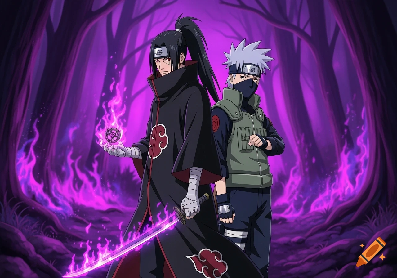 Anime characters Itachi Uchiha with a purple flaming tanto and Kakashi Hatake stand in a purple burning forest.