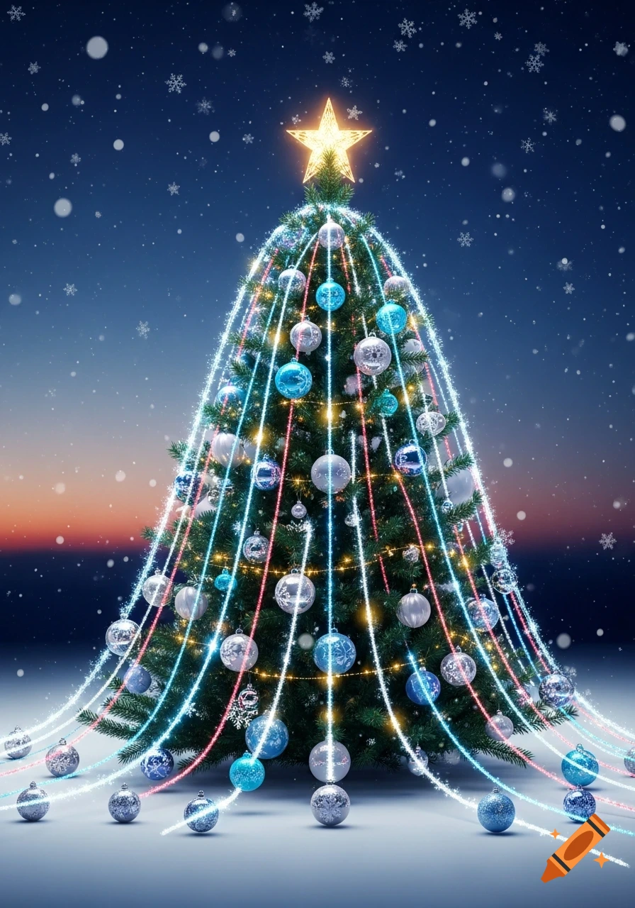 A festive Christmas tree adorned with blue and silver ornaments and ...