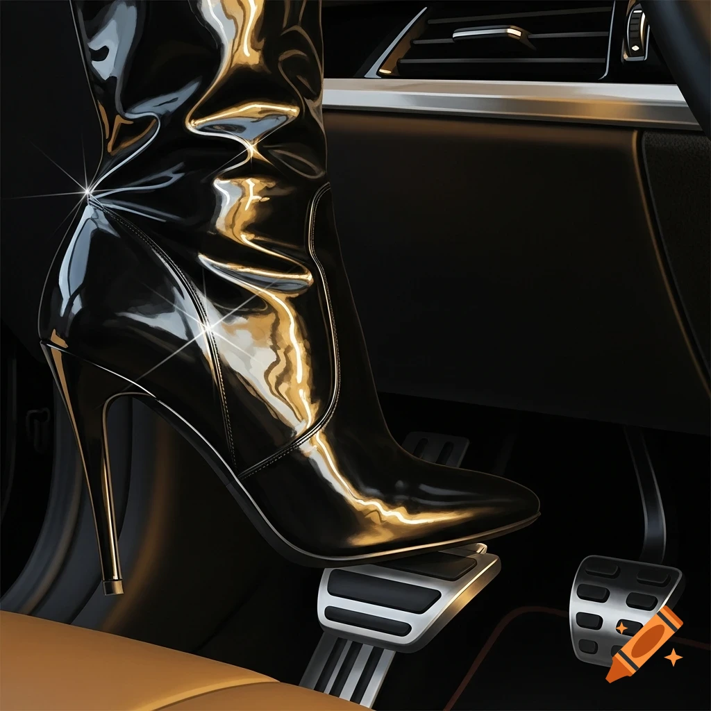 A close-up, photorealistic view of a glossy black high-heeled boot pressing a car's accelerator pedal.