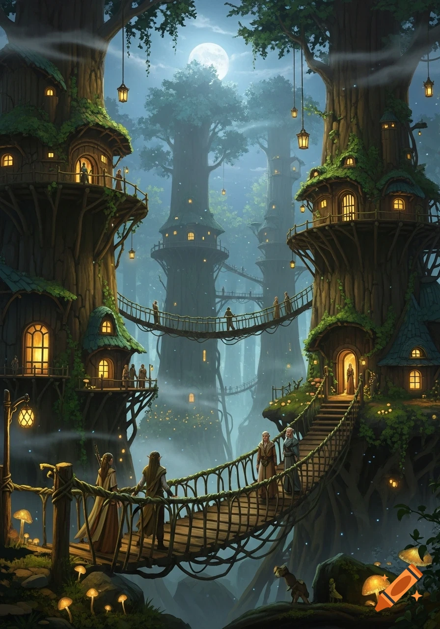 A moonlit fantasy town of large treehouses connected by rope bridges, with small figures resembling elves on platforms and bridges.