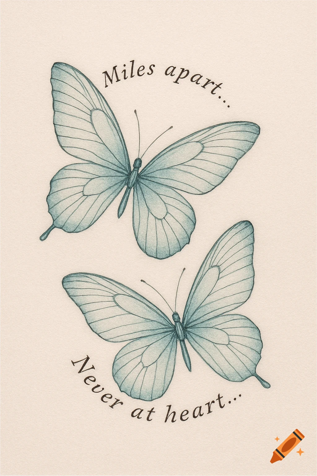 Two minimalistic fine-line teal butterflies with the text 'Miles apart...' and 'Never at heart...' on a light background.