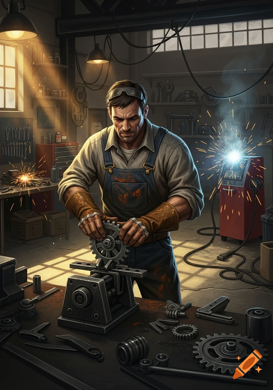 A determined mechanic in an industrial workshop works on a gear while welding sparks fly in the background.