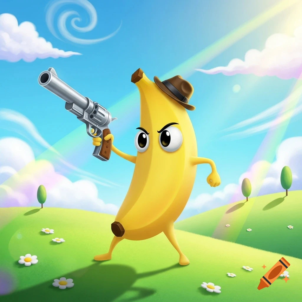 A cartoon banana character with eyes and a fedora hat holds a revolver in a bright, whimsical landscape.