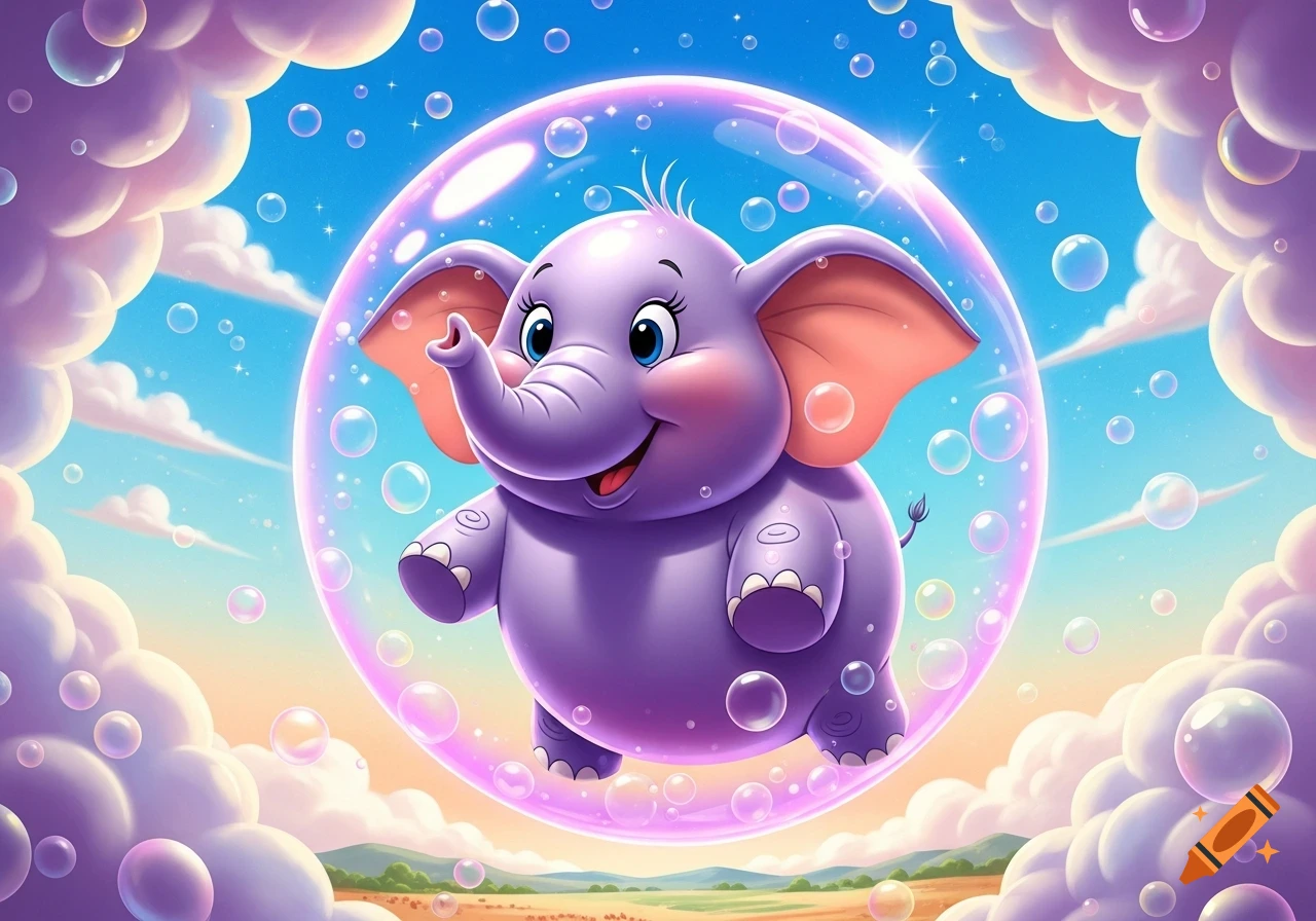 A smiling purple cartoon elephant floats inside a large pink bubble, surrounded by many smaller bubbles and whimsical clouds against a blue sky.