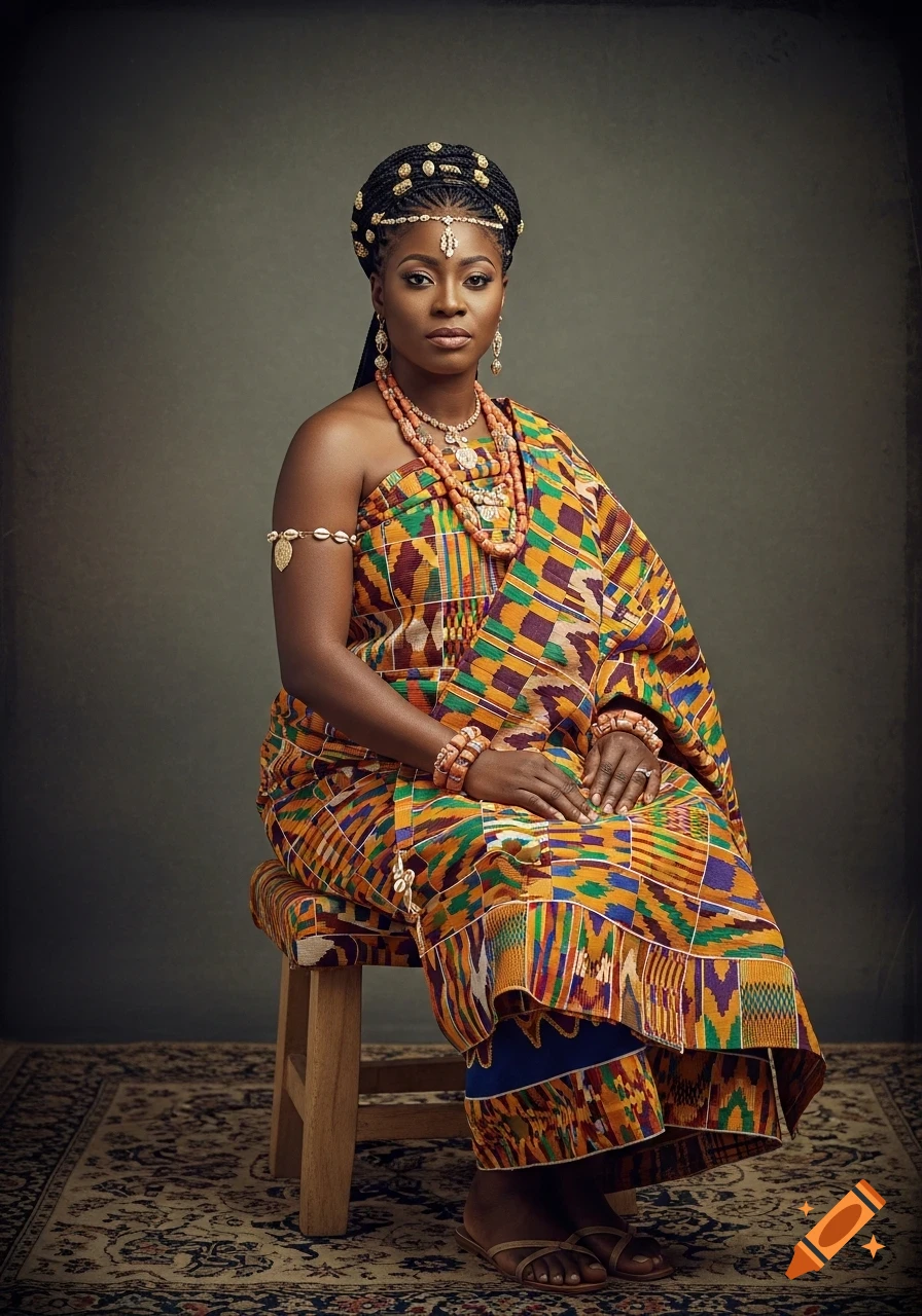 A regal woman in vibrant Kente fabric and traditional Bantu Kongo jewelry poses in a vintage-style studio portrait.