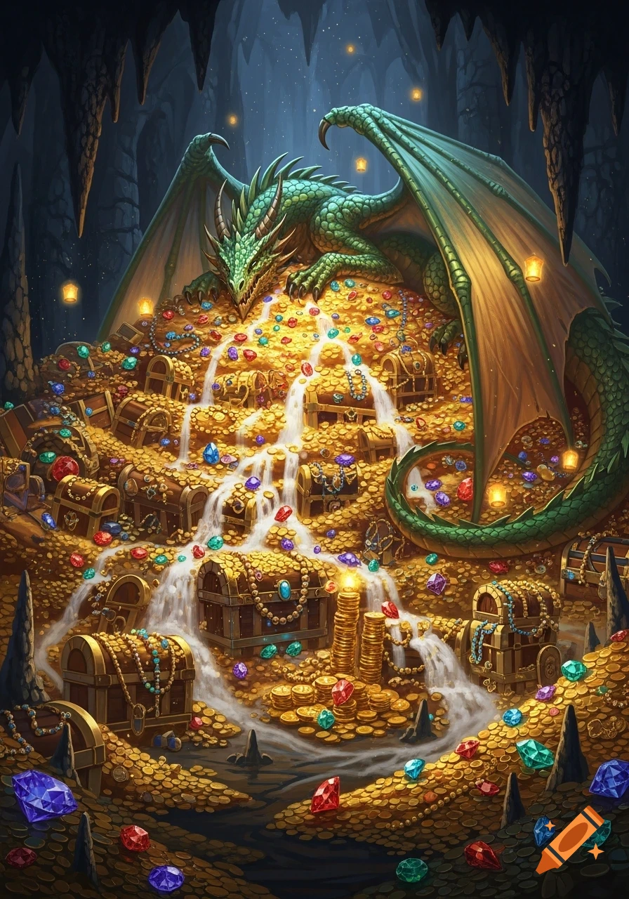 A green dragon sleeps on a vast hoard of gold coins, jewels, and treasure chests in a dimly lit cave.