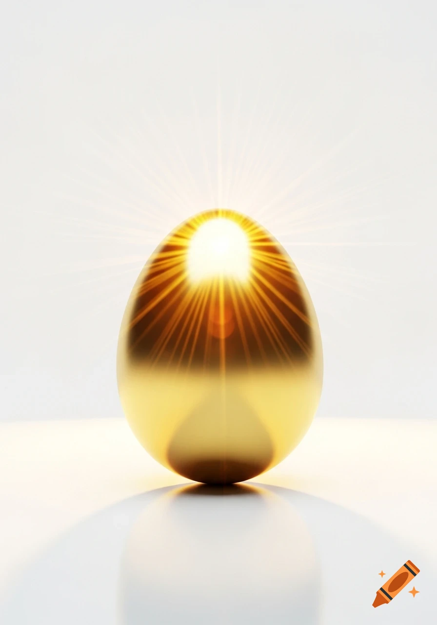 A shining golden egg emitting bright light rays, centered on a reflective white surface.
