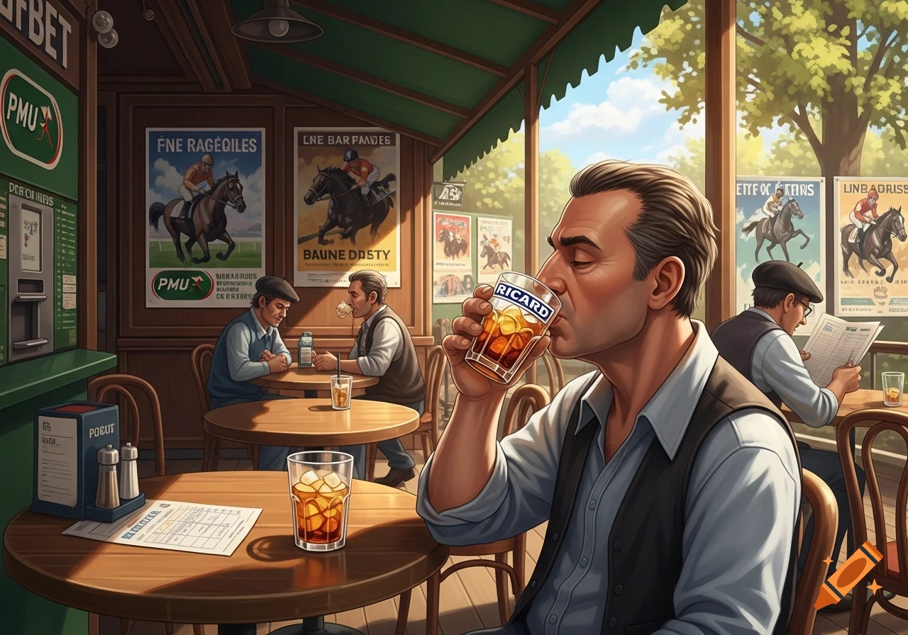 A man in a vest sips an iced Ricard drink at an outdoor cafe with horse racing posters on the wall. Other men are seated at tables nearby.