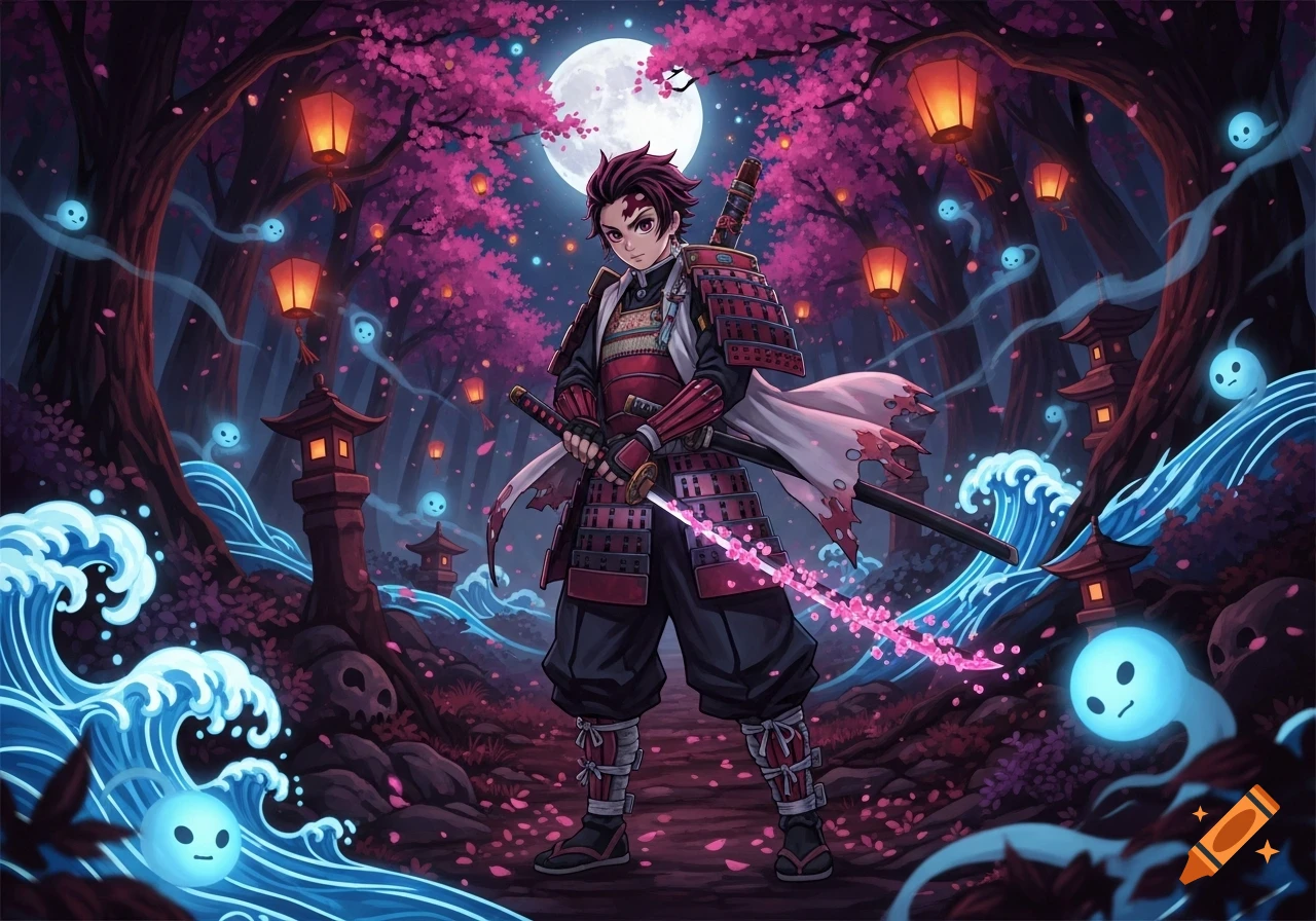 Anime boy in samurai armor with a glowing pink sword in a magical forest with cherry blossoms, lanterns, full moon, and blue spirits.