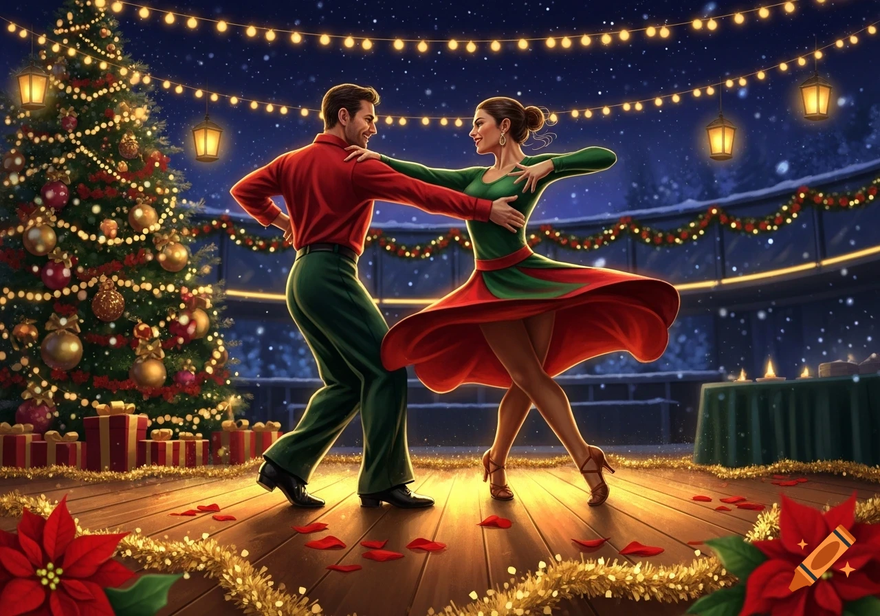 A man and woman salsa dancing in festive red and green outfits on a decorated wooden floor with a Christmas tree and lights.