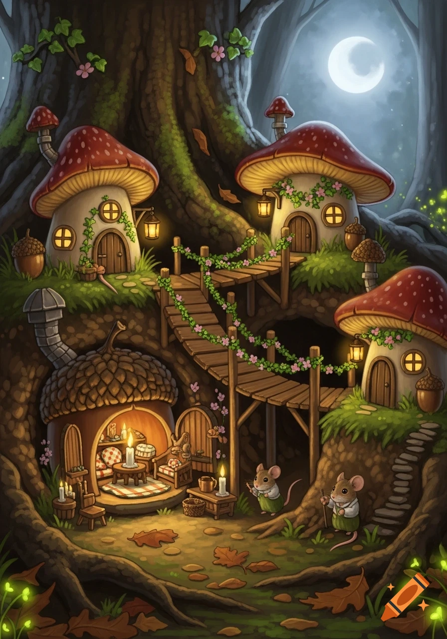 Whimsical illustration of mice in mushroom and acorn houses connected ...