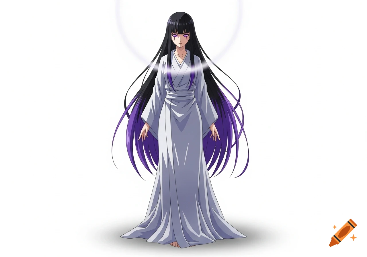 Anime female character with long black and purple hair, purple eyes, wearing a white flowing dress, with a subtle purple halo.