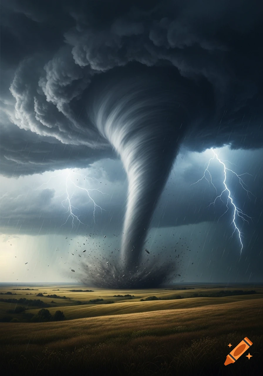 A massive, dark tornado swirls over a golden field under a dramatic stormy sky with lightning, in a photorealistic style.