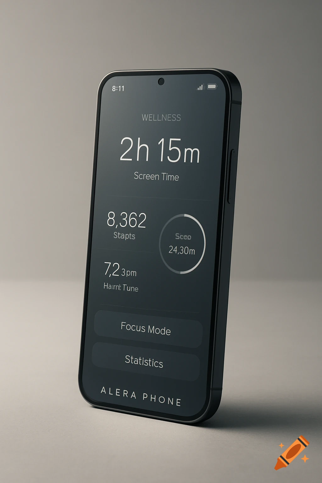 A photorealistic image of a sleek, modern smartphone displaying a dark wellness-focused UI with screen time and activity metrics.