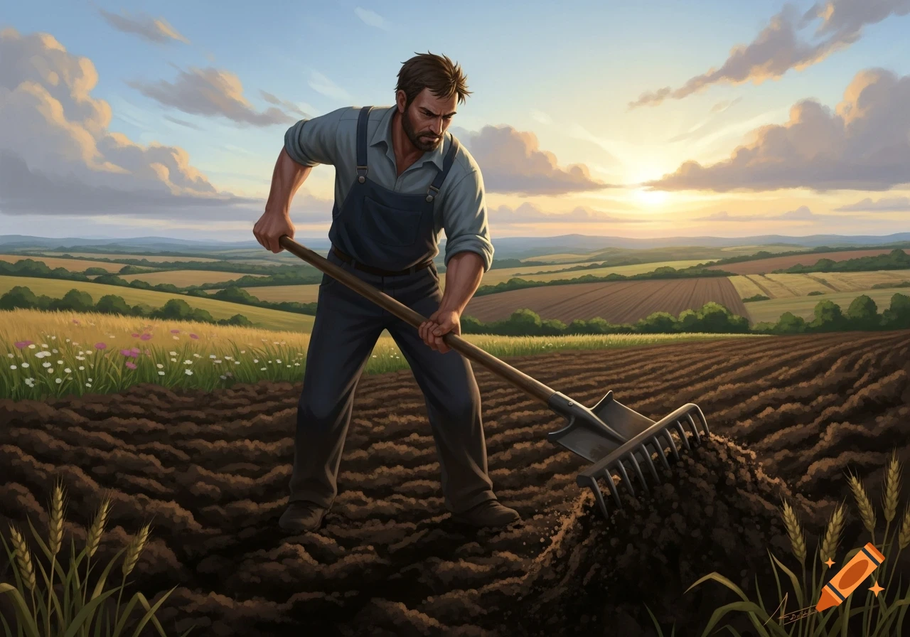 A strong man rakes soil in a field at sunset, with rolling green hills and a colorful sky in the background, rendered in a painted style.