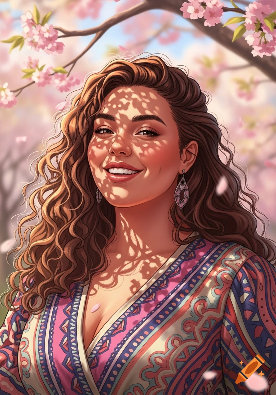 Stylized digital art portrait of a smiling woman with curly hair, dappled sunlight on her face, surrounded by pink cherry blossoms.