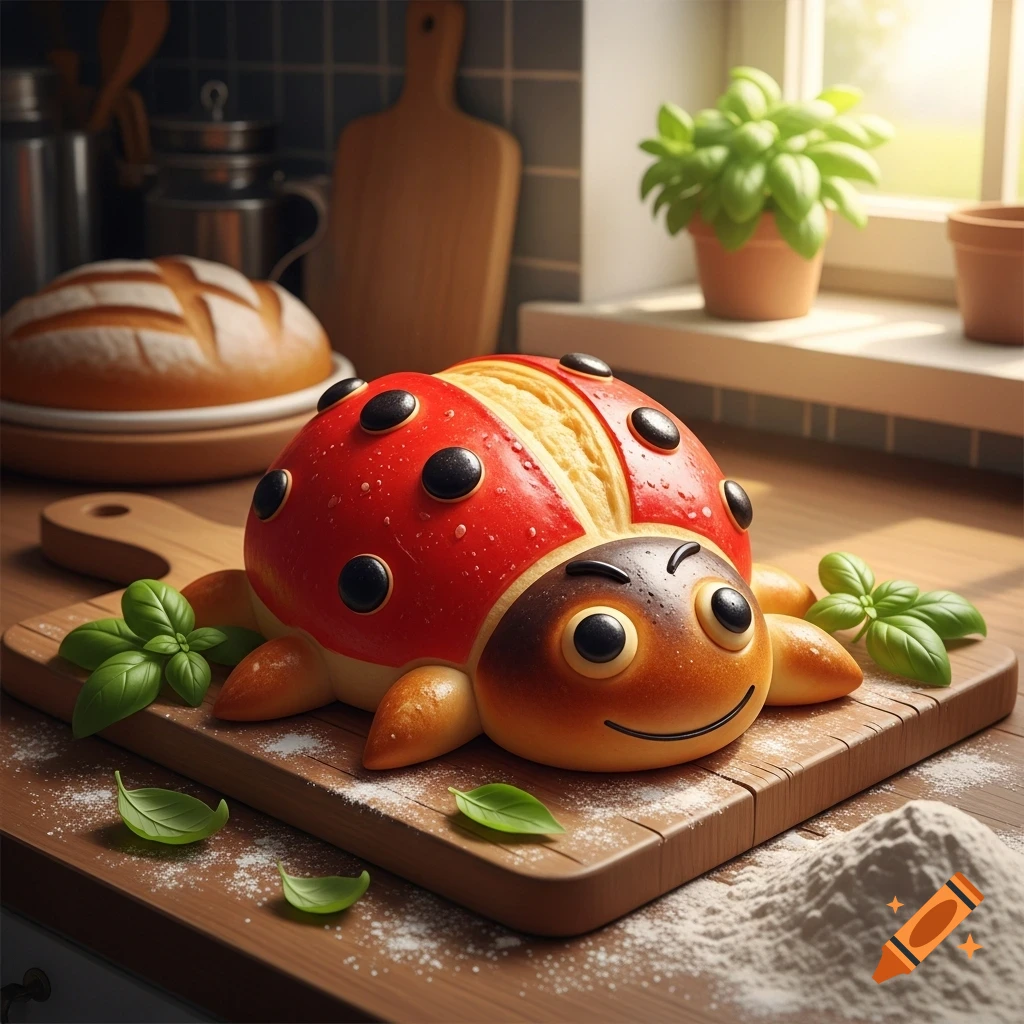 Photorealistic ladybug-shaped bread on a cutting board with basil leaves and flour in a sunlit kitchen.