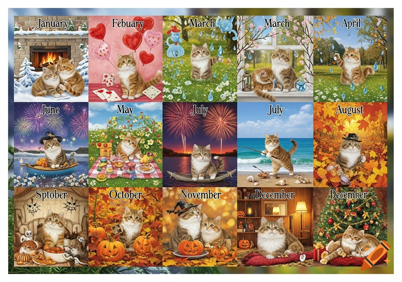 A 12-panel calendar grid showing cute cats engaging in activities for each month, from winter by a fireplace to summer picnics and Christmas festivities.