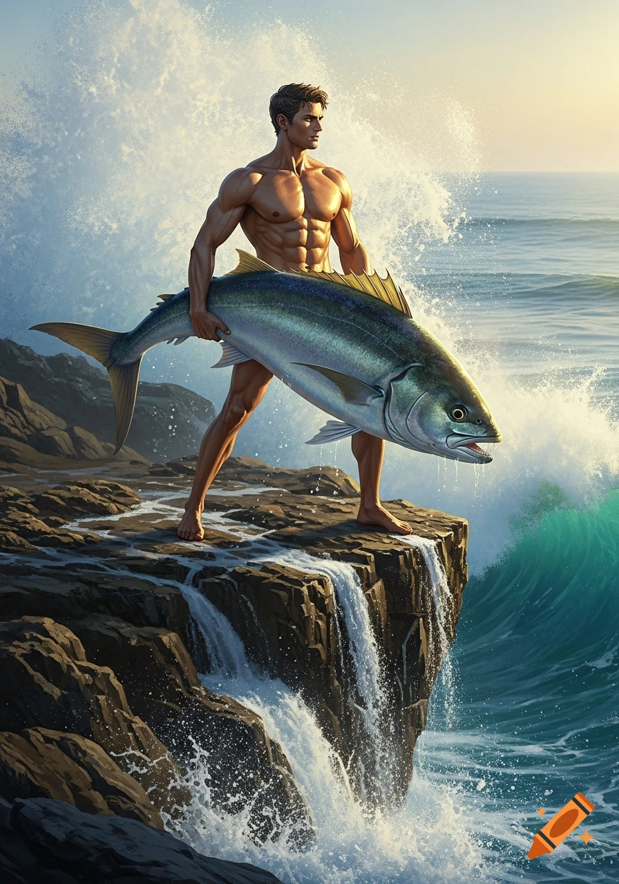 Muscular man stands on a rocky cliff holding a large fish, with ocean waves crashing and a waterfall in the background, photorealistic style.