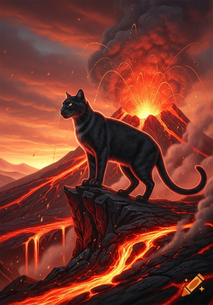 A black cat with yellow eyes stands on a rock amidst an erupting volcano with lava flows and a fiery sky. Illustrative.
