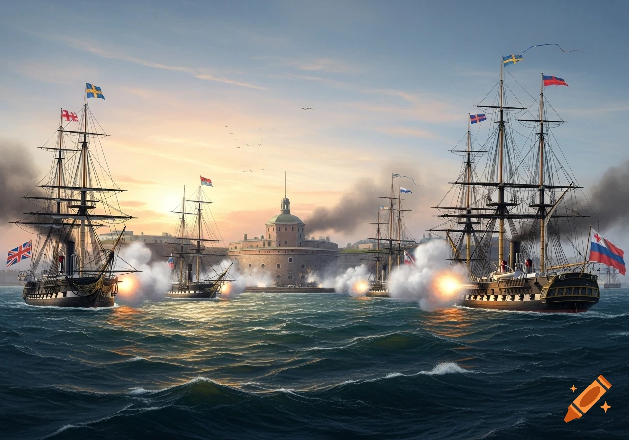 Sailing warships engage in a naval battle, firing cannons with smoke plumes, near a stone fortress at sunrise or sunset.