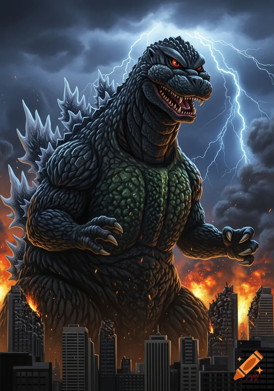 A powerful Godzilla with red eyes roars amidst a burning city under a stormy, lightning-filled sky in a vibrant digital illustration.