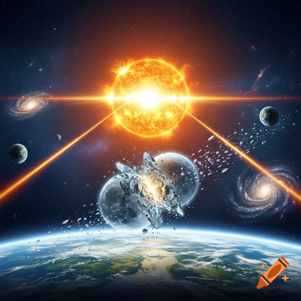 A vibrant space scene with a bright sun, orange light beams, two moons colliding above Earth, and distant galaxies.