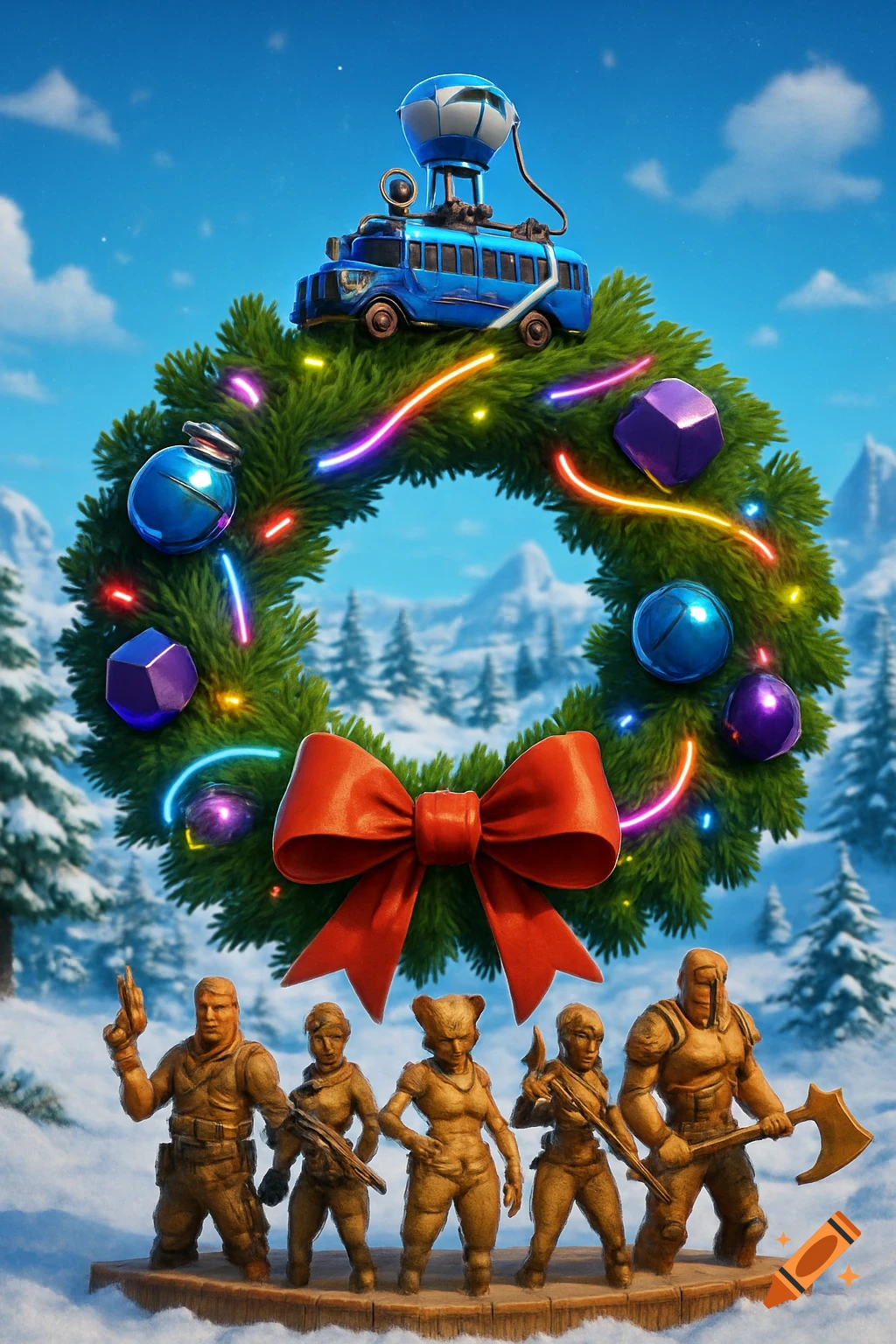 A vibrant Fortnite-themed Christmas wreath with a Battle Bus, glowing lights, and character statues in a snowy landscape.