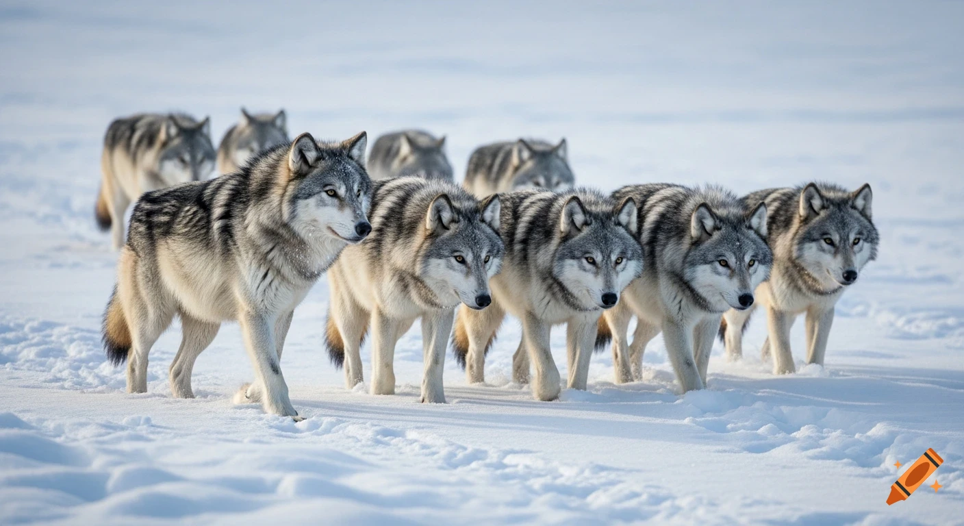 A pack of grey wolves walks through a snow-covered landscape under a bright sky.